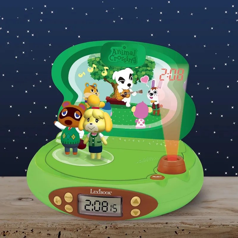 Ceas copii 3D cu proectie Lexibook Nintendo Animal Crossing RP500AC, Alarma, 4 efecte, Verde/Maro