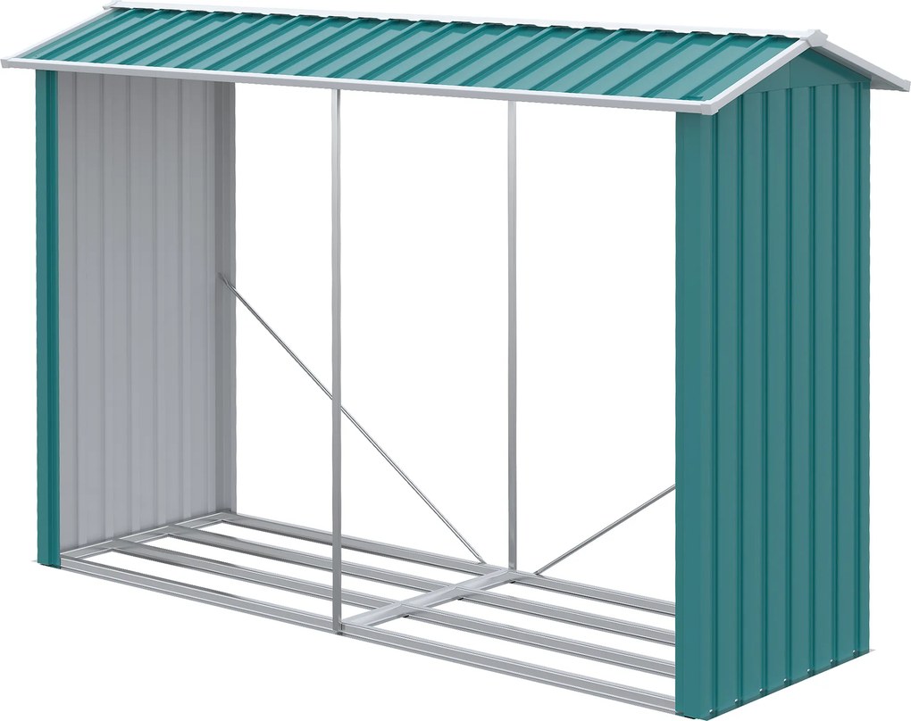 Outsunny Magazie de Depozitare a Buștenilor, Casă pentru Lemne de Foc din Otel Galvanizat cu Podea Înălțată, 240x86x160 cm, Verde | Aosom Romania
