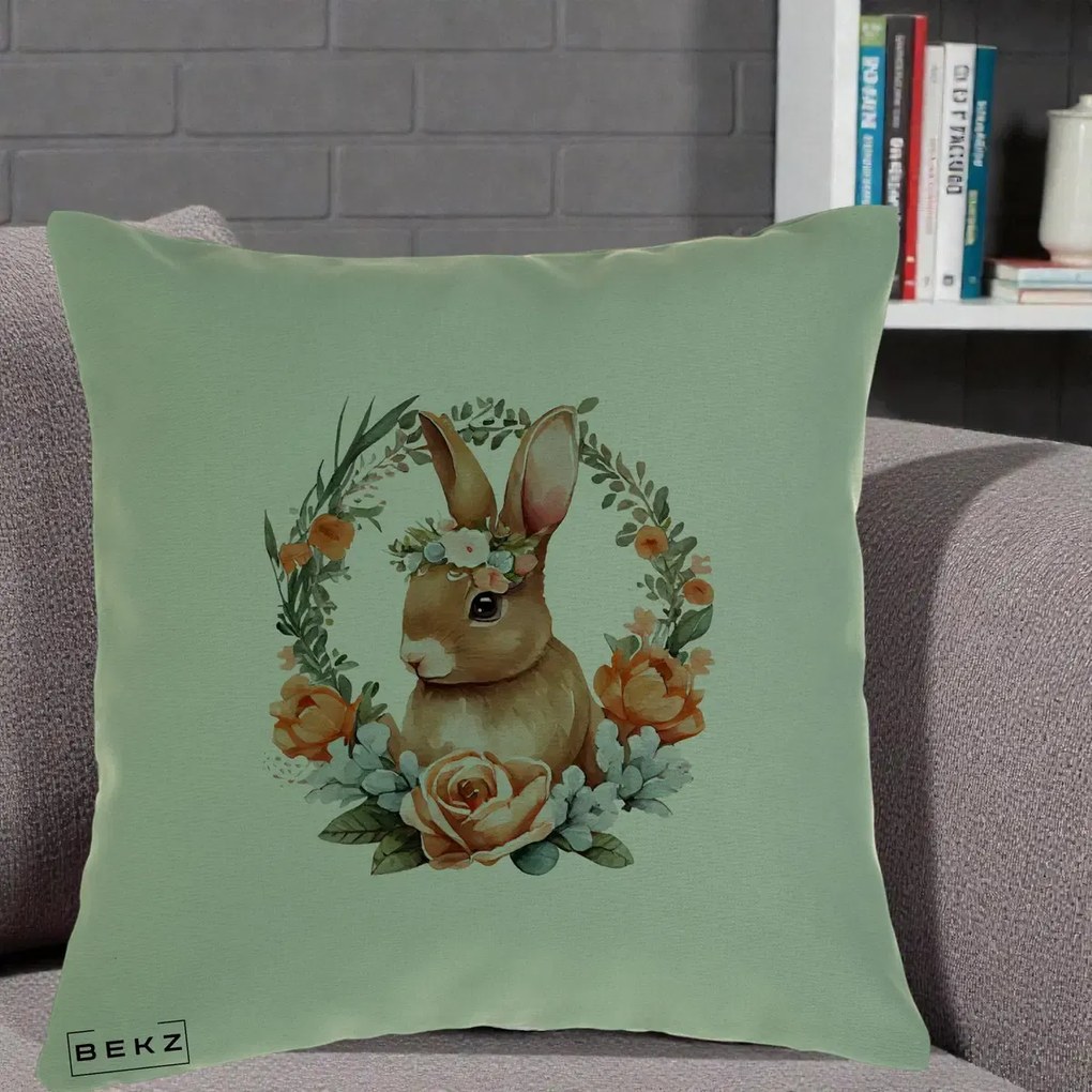 Perna Decorativa Iepuras Floral Coronita Acuarela, 40x40 cm, Verde, Husa Detasabila, Perna Inclusa, BEKZ®