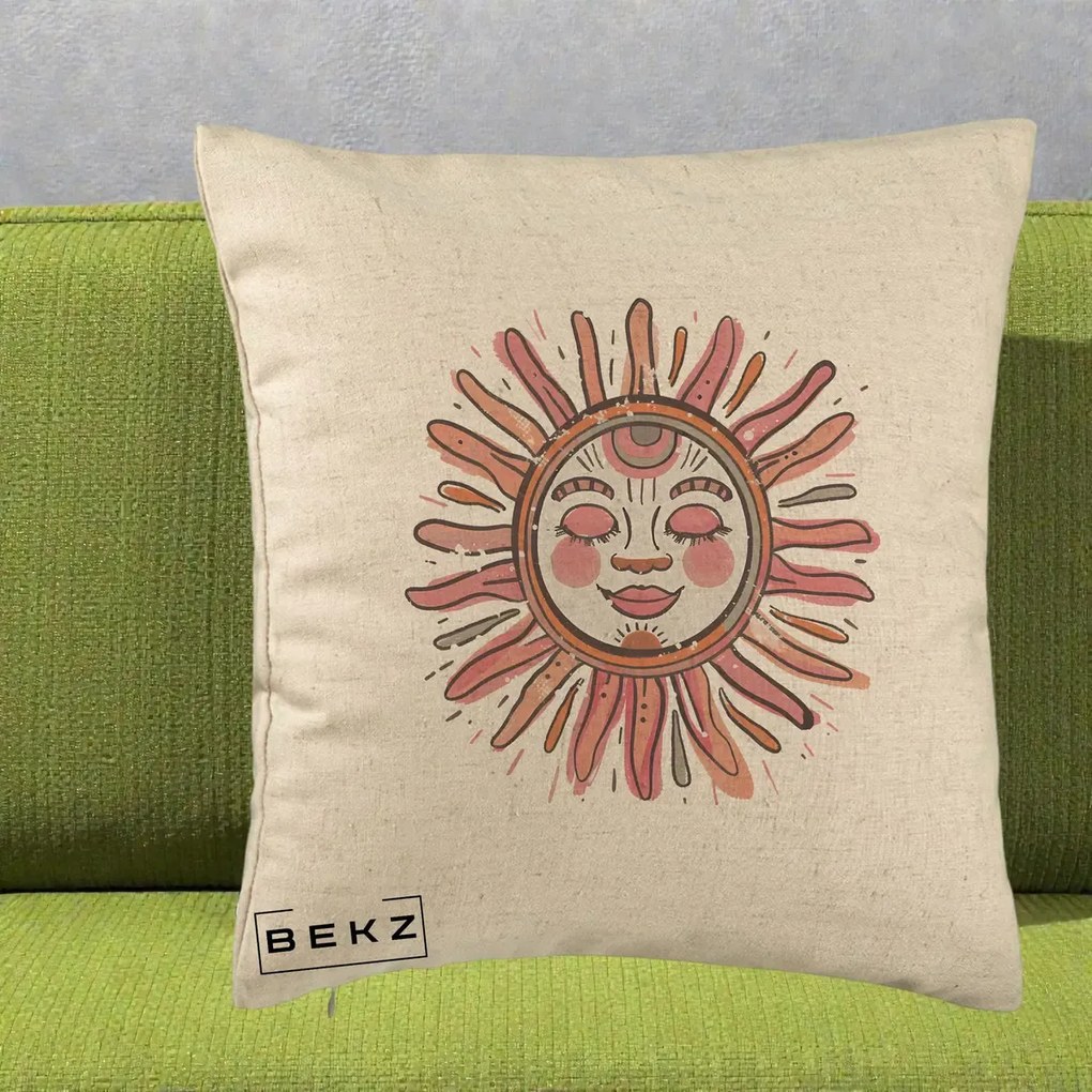 Perna Decorativa Soare Roz Tribal, 40x40 cm, Bej, Husa Detasabila, Perna Inclusa, BEKZ®