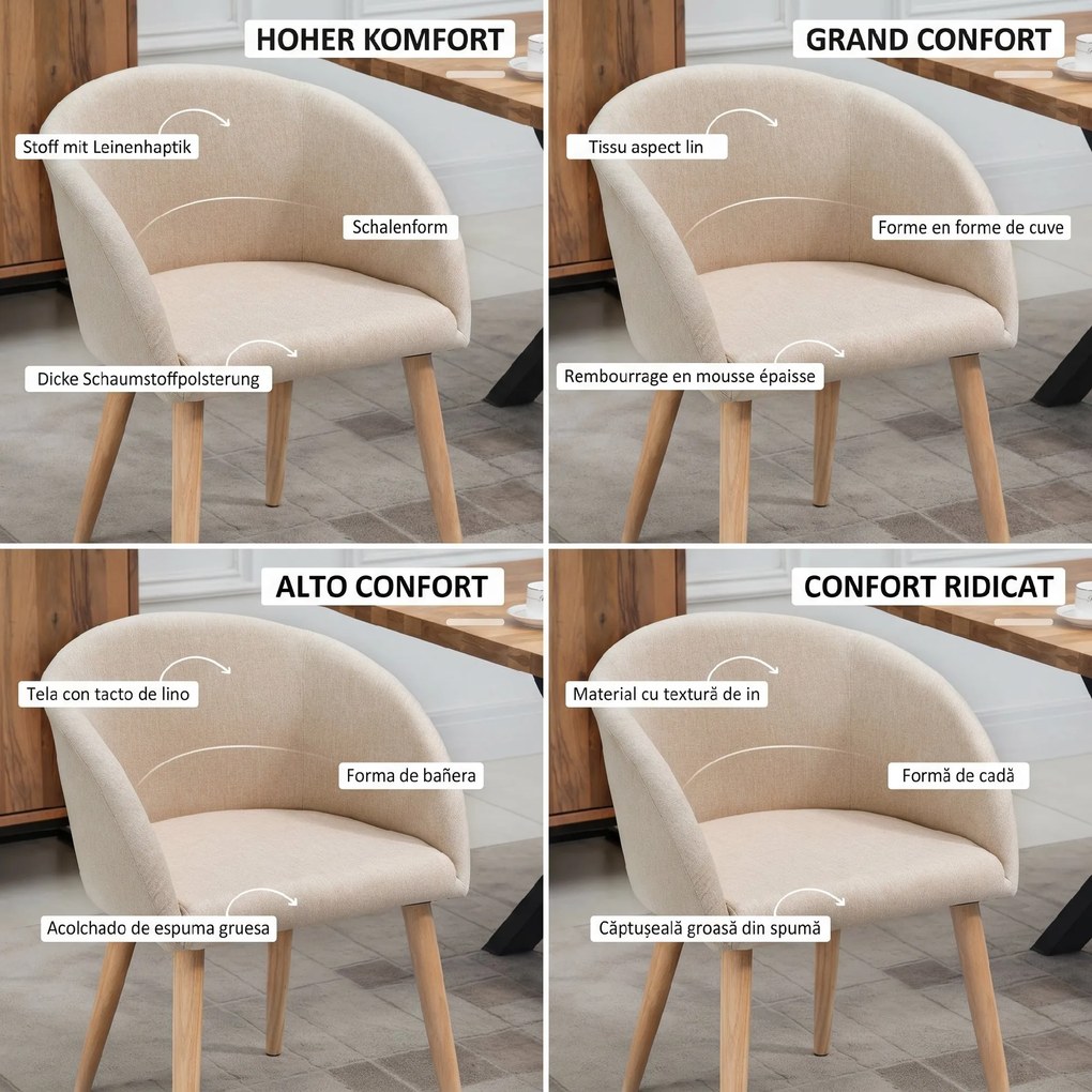 HOMCOM Set de 2 Scaune de Dining Stil Scandinav, Tapițate cu Material Textil, 55x56x74 cm, Bej | Aosom Romania