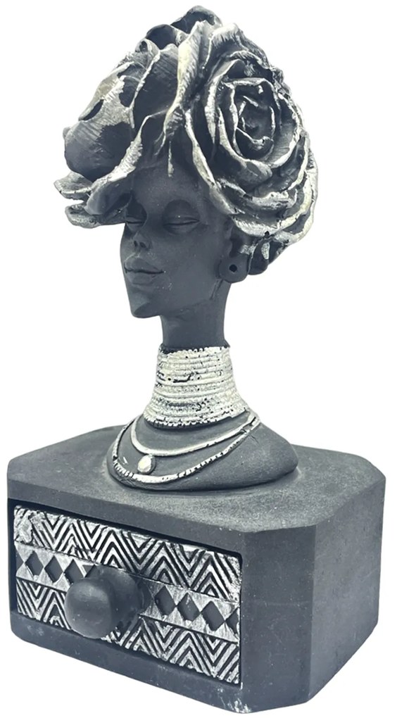 Statueta africana - Caseta bijuterii ZURI, Negru  Argintiu