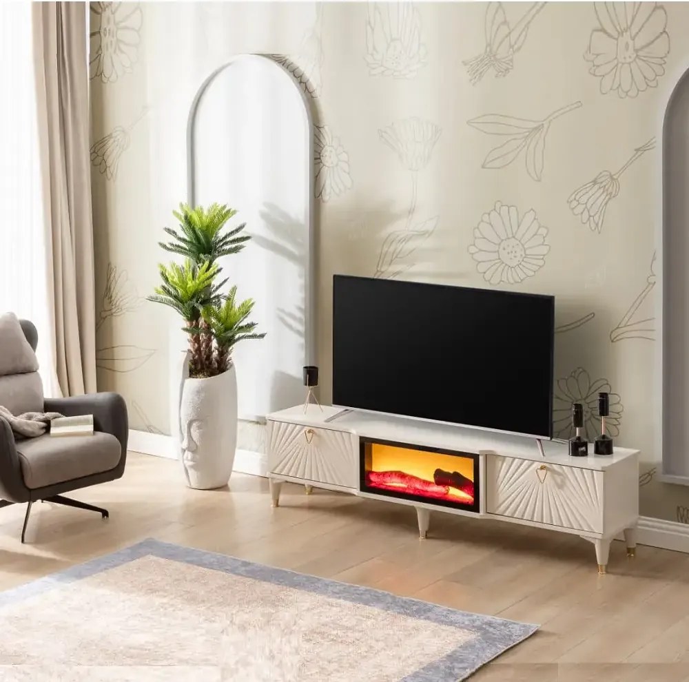 Comoda tv cu semineu Calvin, culoare bej 160 cm