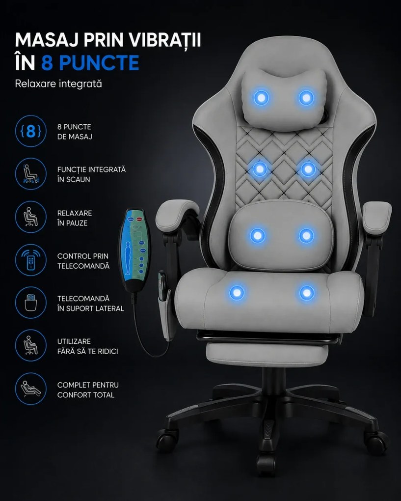 VELTOR – Scaun Gaming cu Masaj în 8 Puncte, Tapițerie Premium Dublu Strat Anti-Zgâriere, Mecanism Multifuncțional, Suport Picioare, Gri