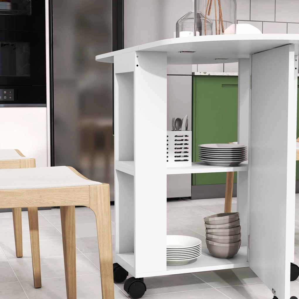 HOMCOM Masă de Comedor Plegable cu Ruedas Masă de Cocina cu Alas Abatibles și 2 Rafturi Deschise 120x60x77 cm Alb | Aosom Romania