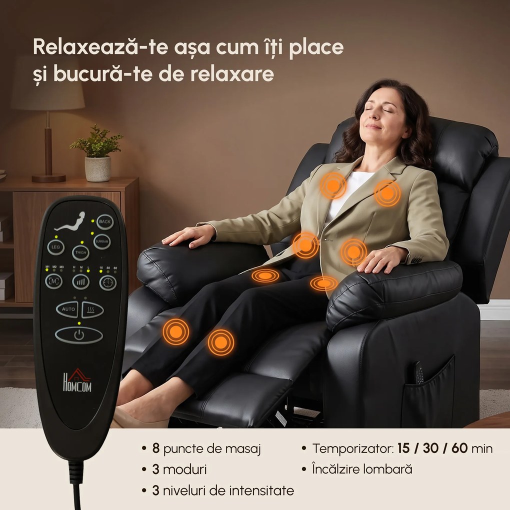 Fotoliu rabatabil HOMCOM cu funcții de masaj și încălzire, cu sistem electric de ridicare, tetieră reglabilă și port USB, din piele ecologică (PU), negru | Aosom Romania