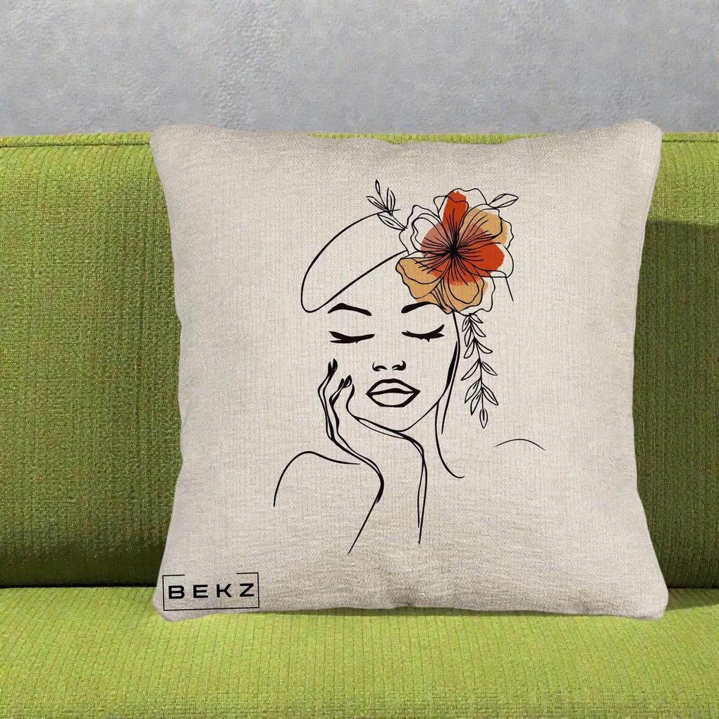 Perna Decorativa Portret Feminin Flori Palarie, 40x40 cm, Bej Canapea, Husa Detasabila, Perna Inclusa, BEKZ®