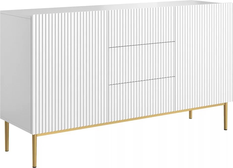 Comodă Nicole 150 cm cu sertare și fațadă canelată - alb mat / picioare aurii