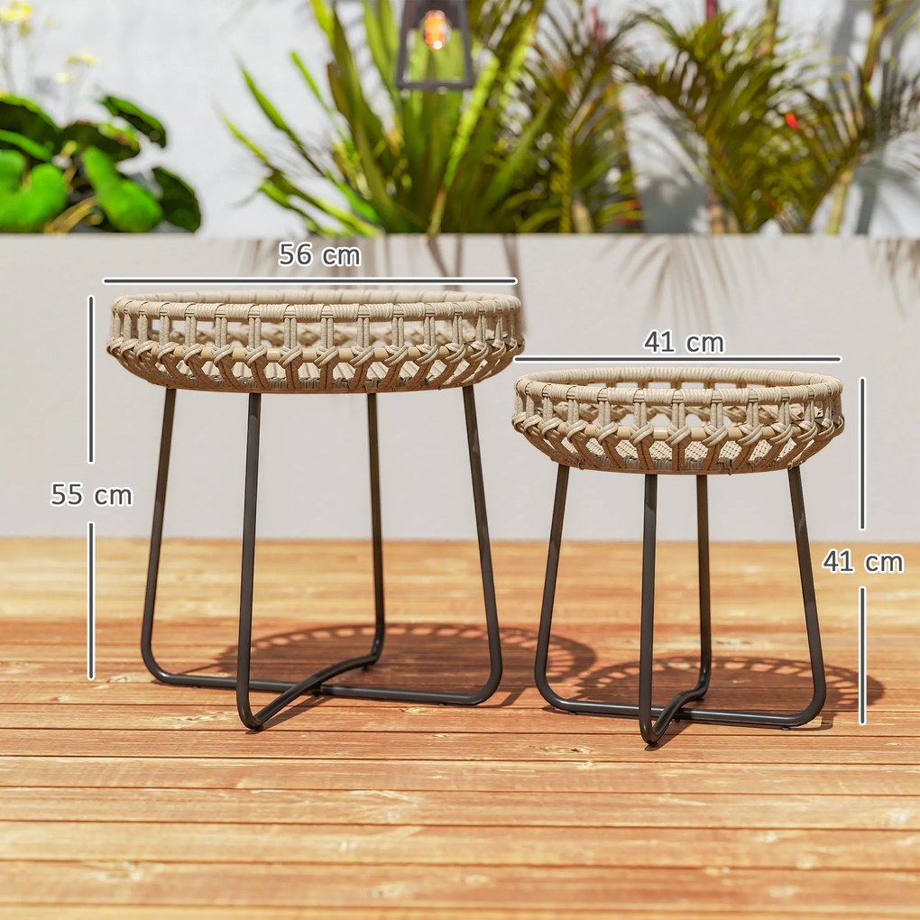 Outsunny Set de 2 mese de cafea din poliratan Ø60/41 cm rotunde rezistente la intemperii, masă de grădină cu picioare X reglabile, maro | Aosom Romania