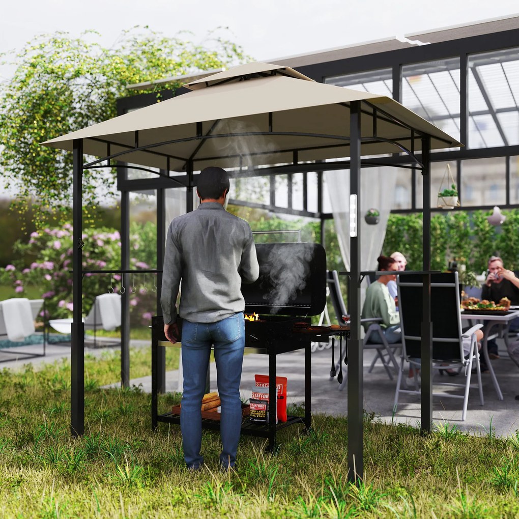 Outsunny Adăpost pentru grătar cu acoperiș dublu adăpost de grădină cu lumină LED 240 x 150 x 250 cm kaki | Aosom Romania