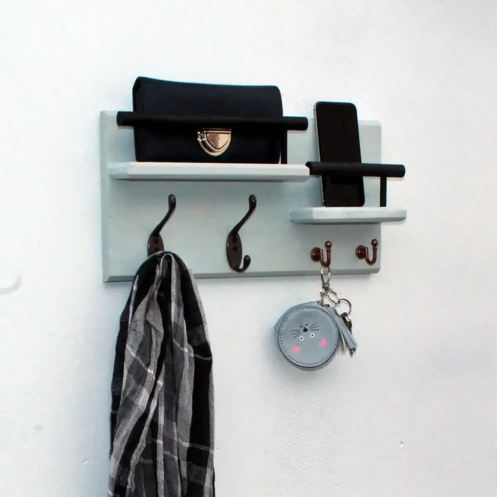 Resigilat:Cuier din lemn cu 4 agatatori si 2 polite 1002 Homs 40 x 20 cm, verde marin