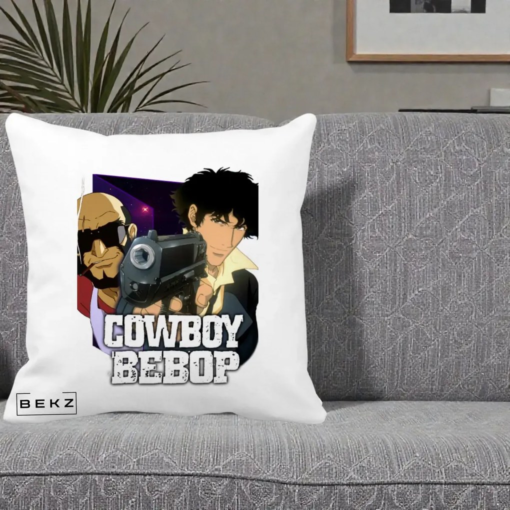 Perna Personalizata Cowboy Bebop Spike si Jet Poster, 40x40 cm, Alba Mata, Husa Detasabila, Perna Inclusa, BEKZ®