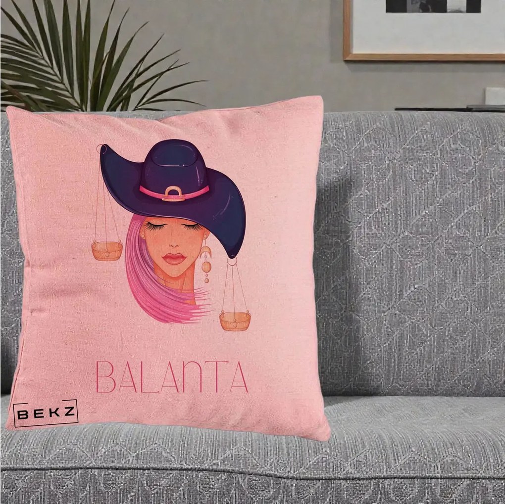 Perna Personalizata Zodiac Balanta Cowgirl, 40x40 cm, Roz, Husa Detasabila, Perna Inclusa, BEKZ®