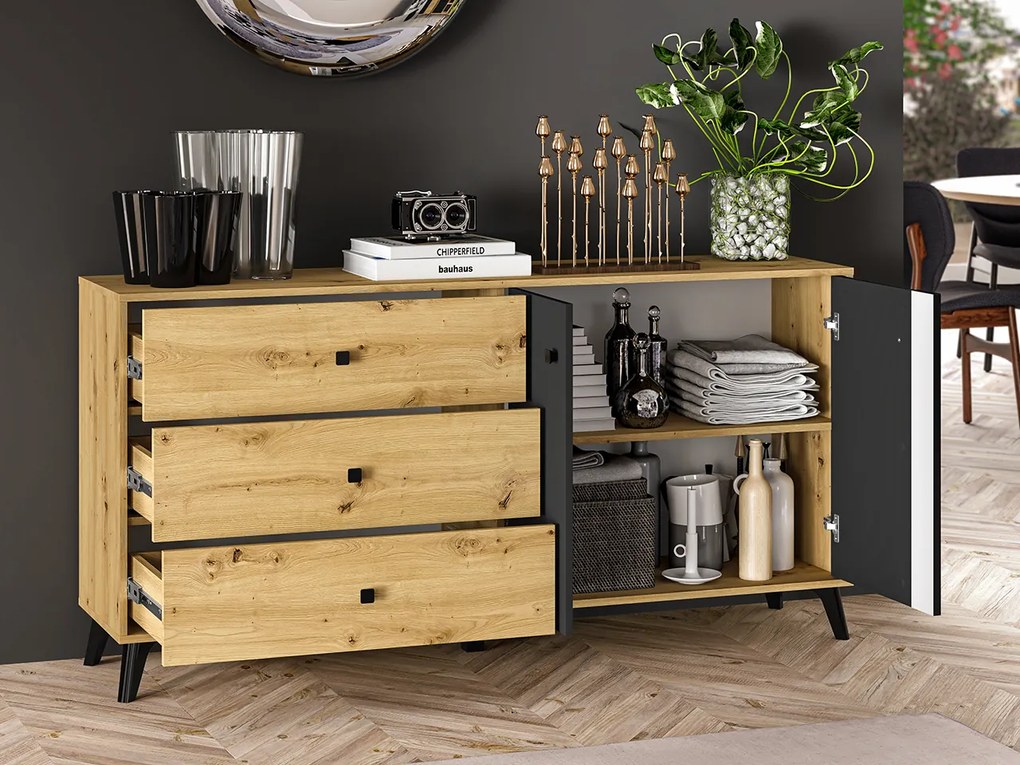 Comoda cu 3 sertare si 2 usi, stejar artisan negru, 165x83x40 cm, modern ,model pe mijloc usa, picioare negre , pentru living , dormitor, hol stejar