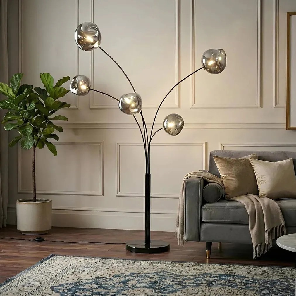 Lampa de podea moderna cu 5 globuri sticla fumurie LIQUID DIAMOND