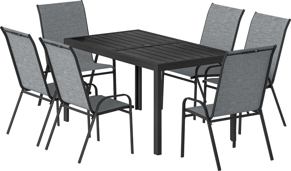 Outsunny Set Masă și Scaune Grădină cu Masă Metalică cu Orificiu și 6 Scaune Stivuite Respirabile pentru Terasă Gri | Aosom Romania