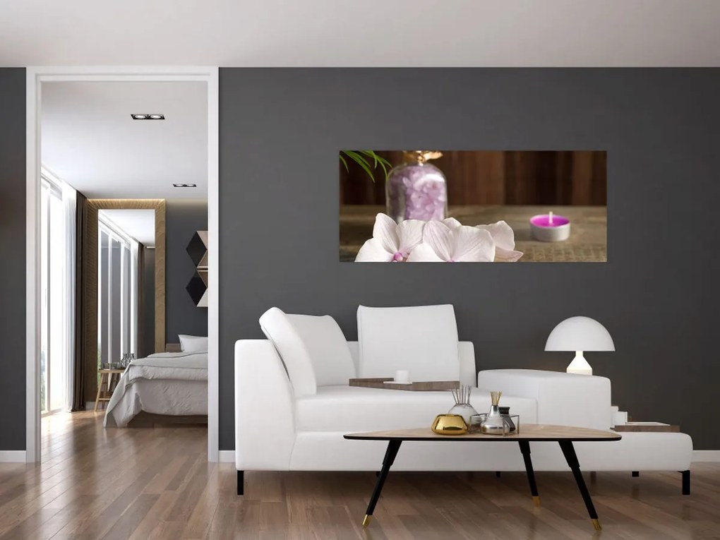 Tablou - Lumânare și orhidee (120x50 cm)