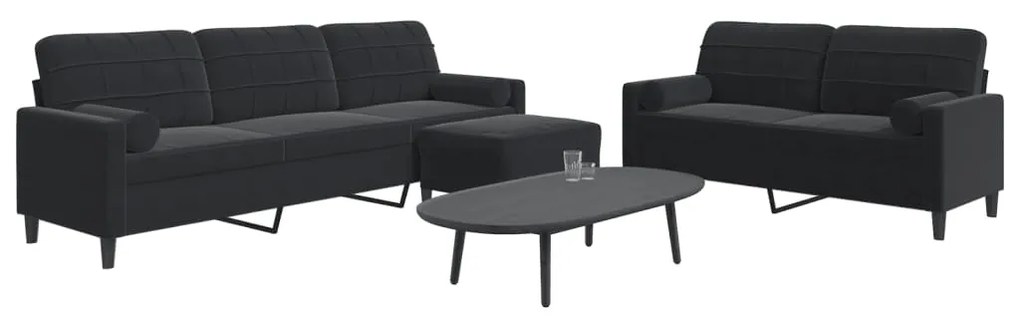 vidaXL Set de canapele cu perne/rulouri, 3 piese, negru, catifea