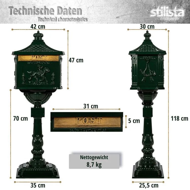 STILISTA cutie poștală antică, 118 cm, verde închis