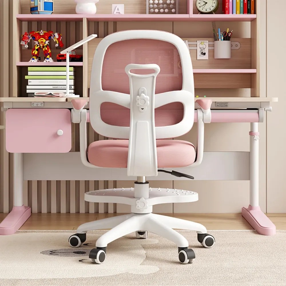 Scaun ergonomic pentru copii, spatar relgabil adancime, suport picioare reglabil, rotativ, Roz