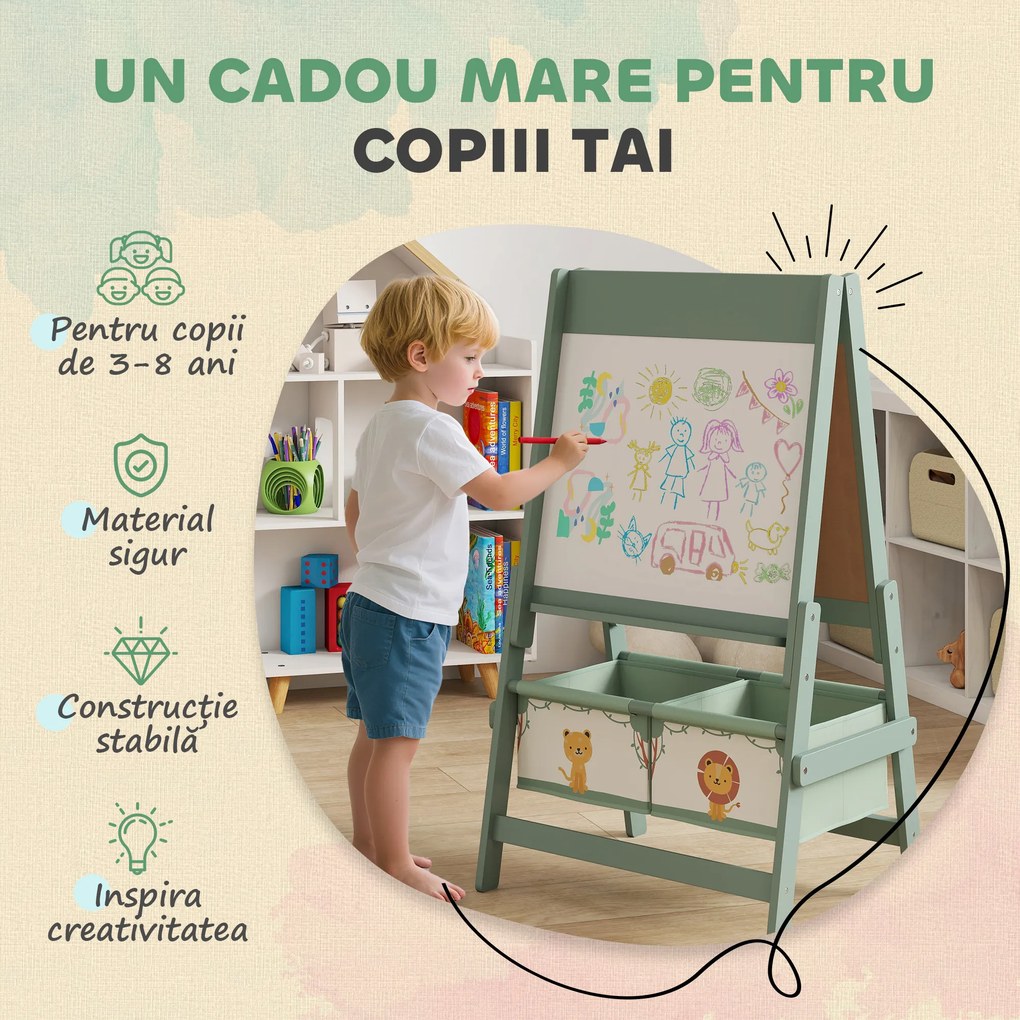 AIYAPLAY Tablă de desen pentru copii 3 în 1 cu rolă de hârtie și 2 coșuri de depozitare Verde | Aosom Romania