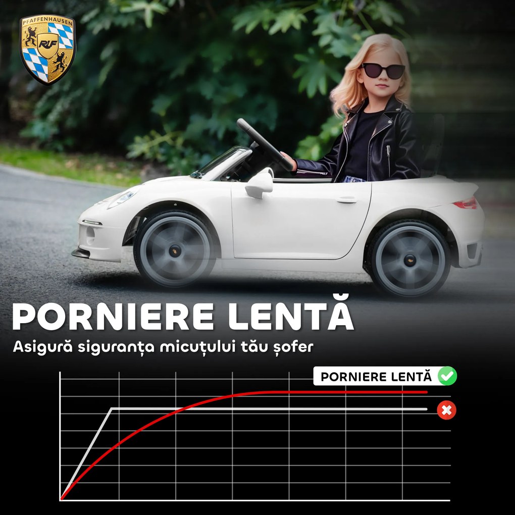 AIYAPLAY Mașină pentru Copii 3-5 Ani cu Licență Oficială RUF GT, Telecomandă, Centură de Siguranță și Muzică, Alb | Aosom Romania