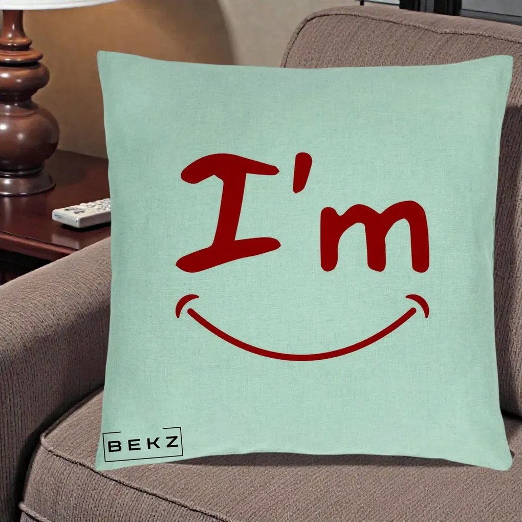 Perna Decorativa I'm Happy Smile, 40x40 cm, Verde Menta, Husa Detasabila, Perna Inclusa, BEKZ®