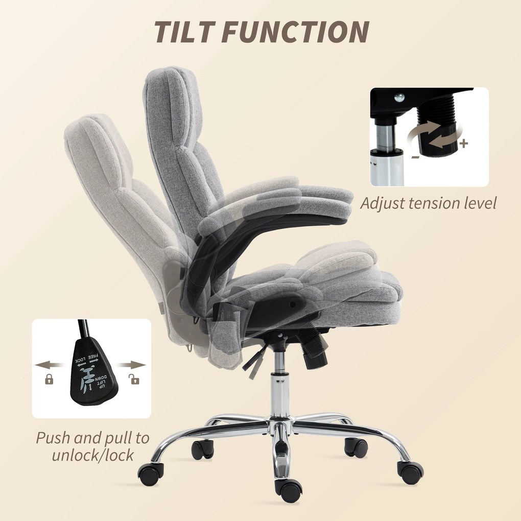 HOMCOM Scaun de Birou Masaj Vibrant cu 4 Puncte, Funcție de Balans și Încălzire, Scaun de Birou în Țesătură de In cu Brațe Pliabile, Înălțime Reglabilă, Gri | Aosom Romania