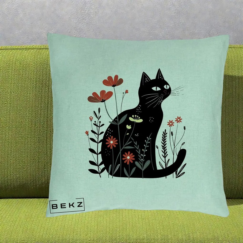 Perna Decorativa Pisica Neagra Flori Rosii Folk, 40x40 cm, Verde Menta, Husa Detasabila, Perna Inclusa, BEKZ®