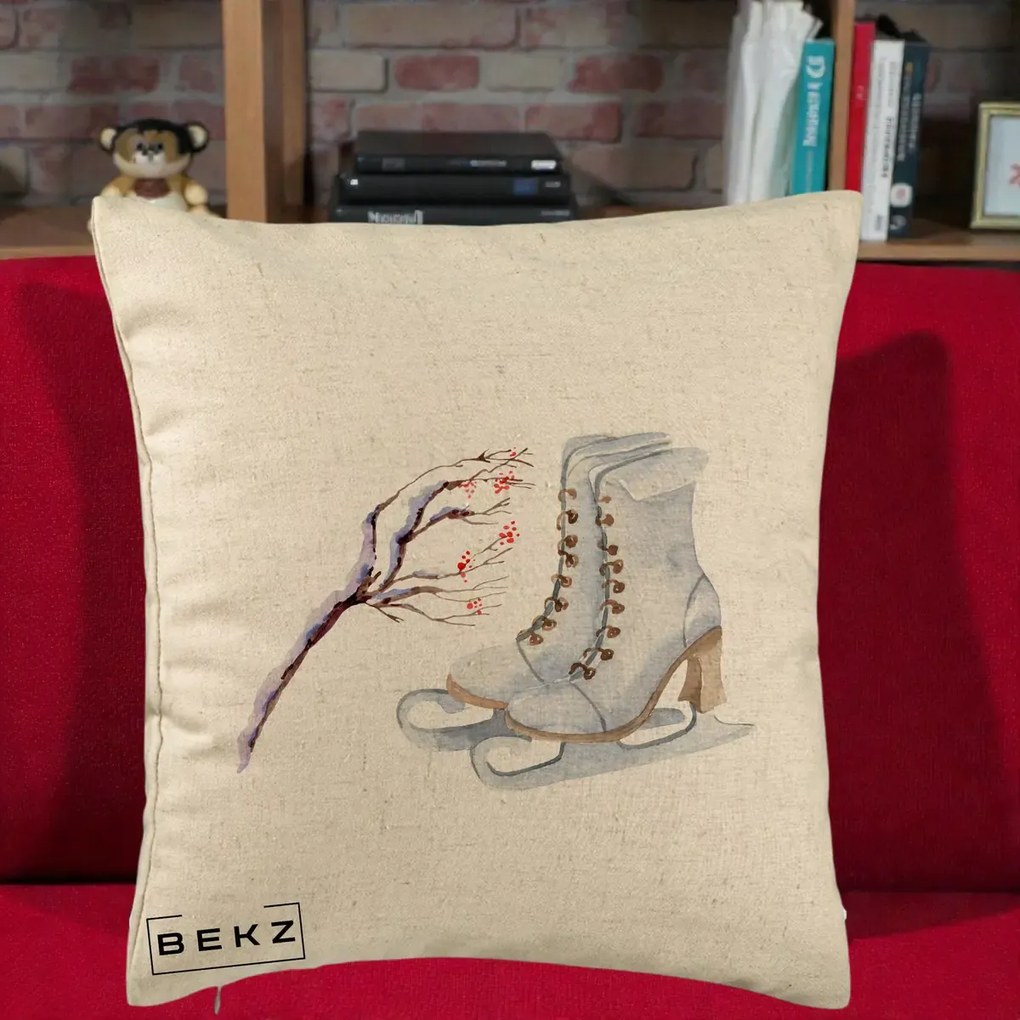 Perna Decorativa Patine cu Ramuri Inzapezite, 40x40 cm, Bej, Husa Detasabila, Perna Inclusa, BEKZ®