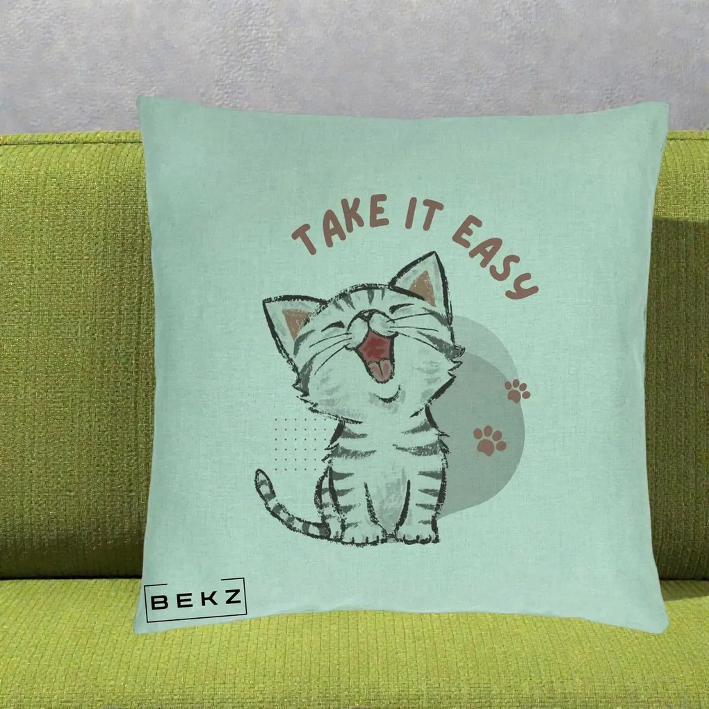 Perna Personalizata Take It Easy Cat, 40x40 cm, Verde Menta, Husa Detasabila, Perna Inclusa, BEKZ®
