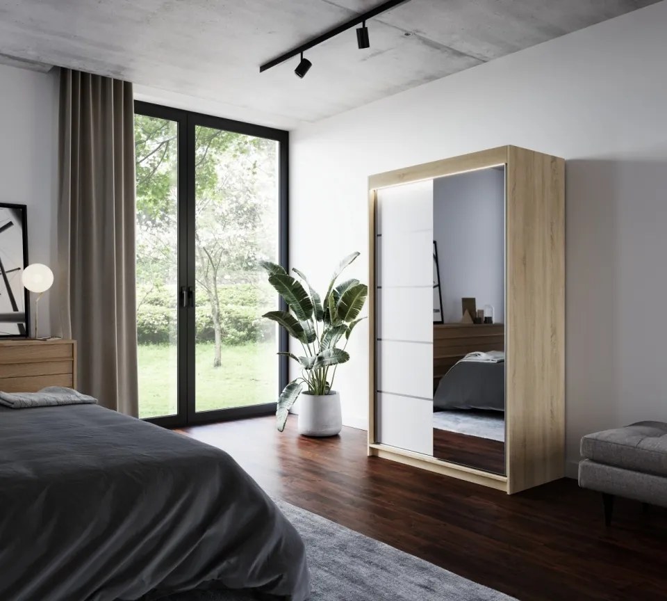 Dulap cu usi glisante si oglinda + iluminare LED, Nicea 120 + LED, 120 cmx200 cmx58 cm, ADRK Furniture (Culoare: Ciocolata)