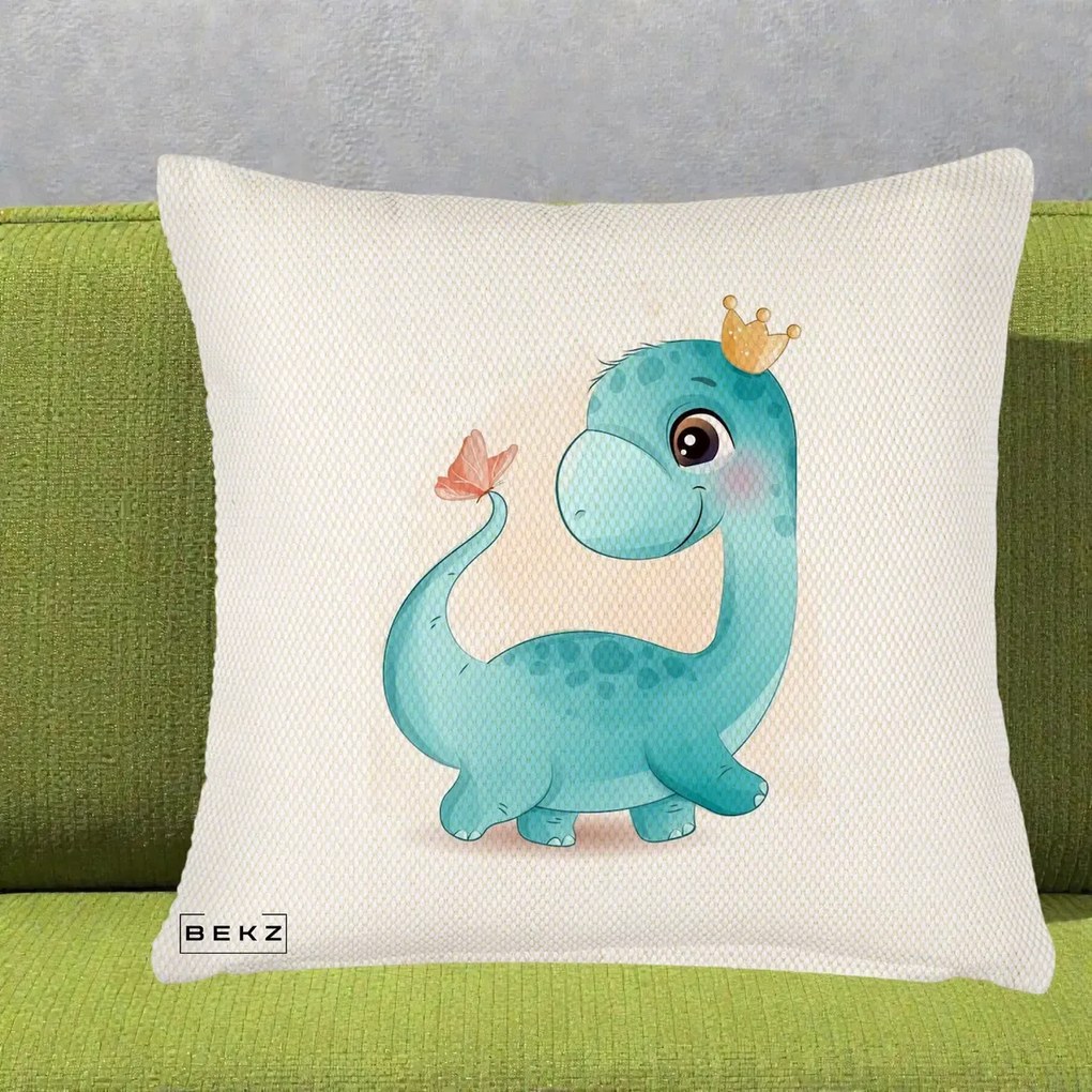 Perna Personalizata Dinozaur Bland Coroana Kawaii, 40x40 cm, Crem Reliefat, Husa Detasabila, Perna Inclusa, BEKZ®