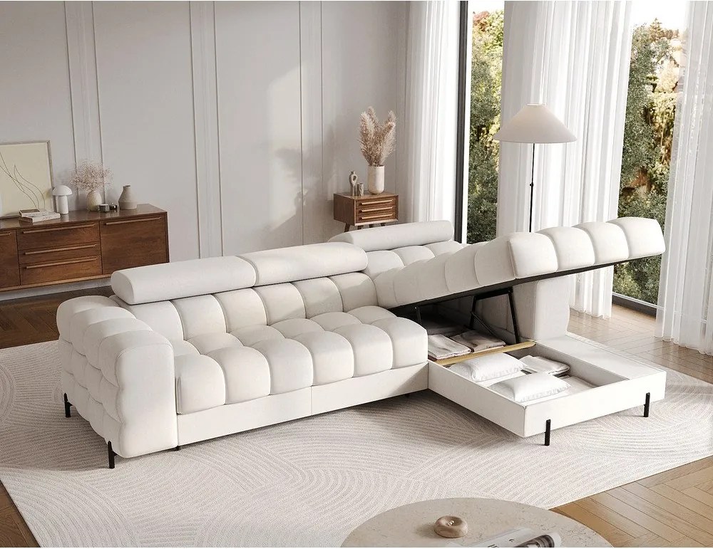 Colțar crem extensibil/cu spațiu de depozitare cu tapițerie din țesătură bouclé (cu colț pe partea dreaptă/cu șezlong) Felro – ELTAP