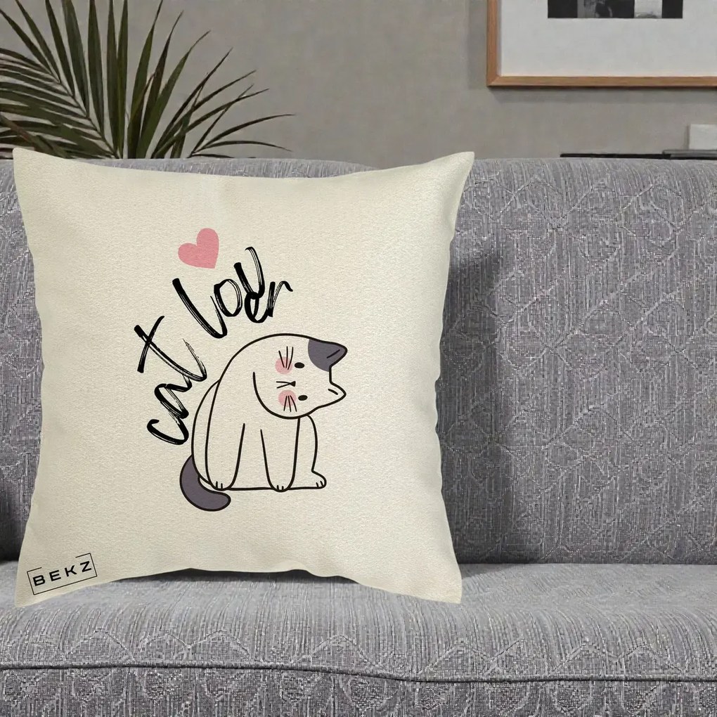 Perna Personalizata Cat Lover Pisica Ilustratie Linie, 40x40 cm, Ecru, Husa Detasabila, Perna Inclusa, BEKZ®