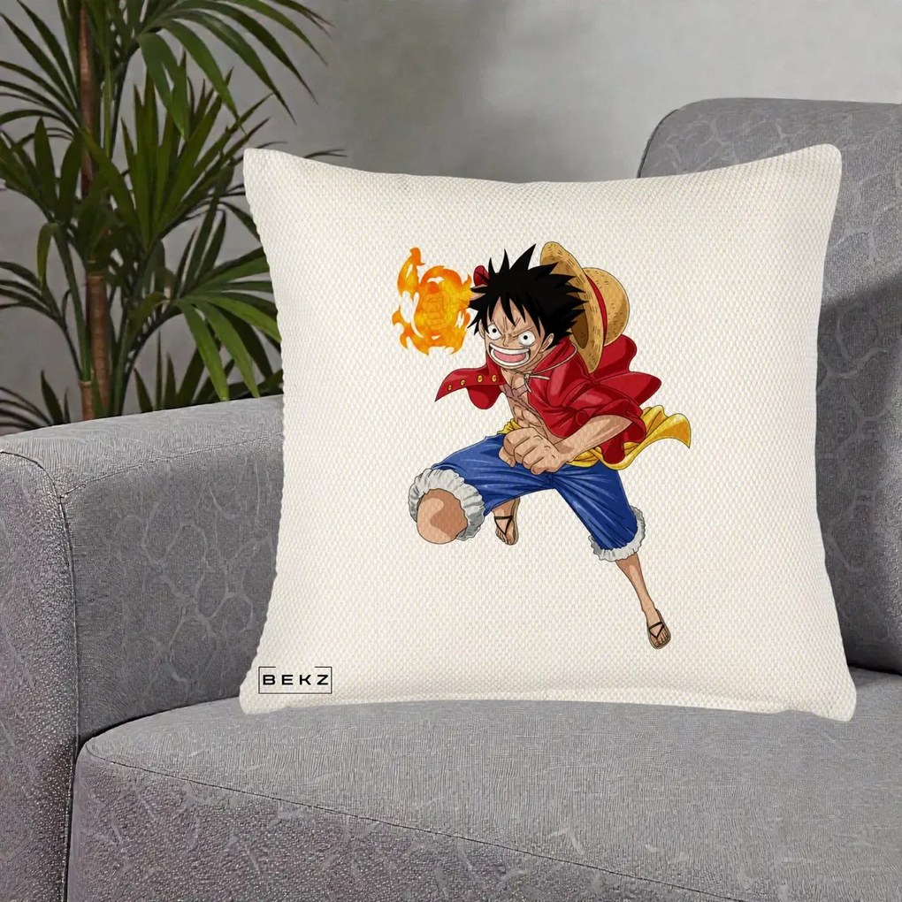 Perna Personalizata One Piece Luffy Gear Second Foc, 40x40 cm, Crem Reliefat, Husa Detasabila, Perna Inclusa, BEKZ®