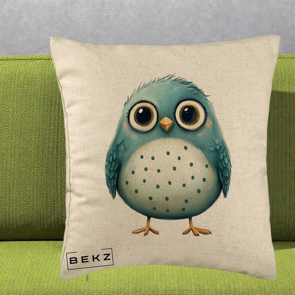 Perna Decorativa Pasare Teal cu Buline Teal, 40x40 cm, Bej, Husa Detasabila, Perna Inclusa, BEKZ®