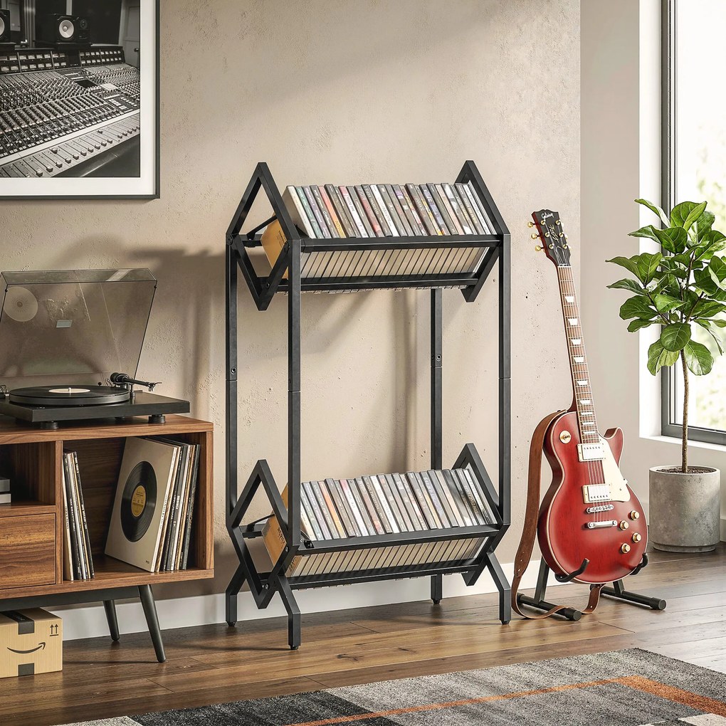 HOMCOM Organizator CD-uri pentru 50 CD-uri, Organizator Viniluri 2 Niveluri din Metal pentru DVD-uri, Cărți, Albume, Negru | Aosom Romania