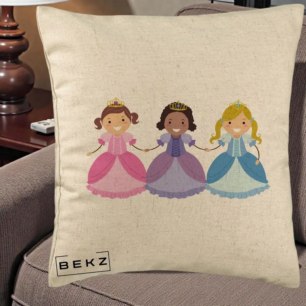 Perna Personalizata Printese Diverse Ilustratie, 40x40 cm, Bej, Husa Detasabila, Perna Inclusa, BEKZ®
