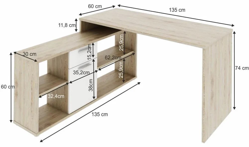 Birou pe colt , 135x135 cm , 5 culori la alegere , Bortis Impex stejar san remo/alb