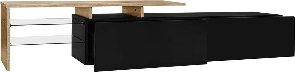 Comodă TV cu iluminare LED, spațiu de depozitare și rafturi din sticlă, 170x33x33,5 cm, Culoare naturală+Negru