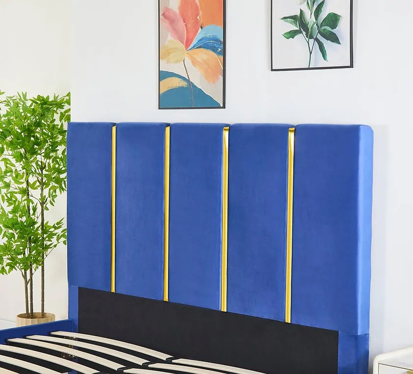 Pat Tapitat Catifea Albastru 160x200 cm cu Somiera si Saltea  Inclusa ,   Cod LB-214