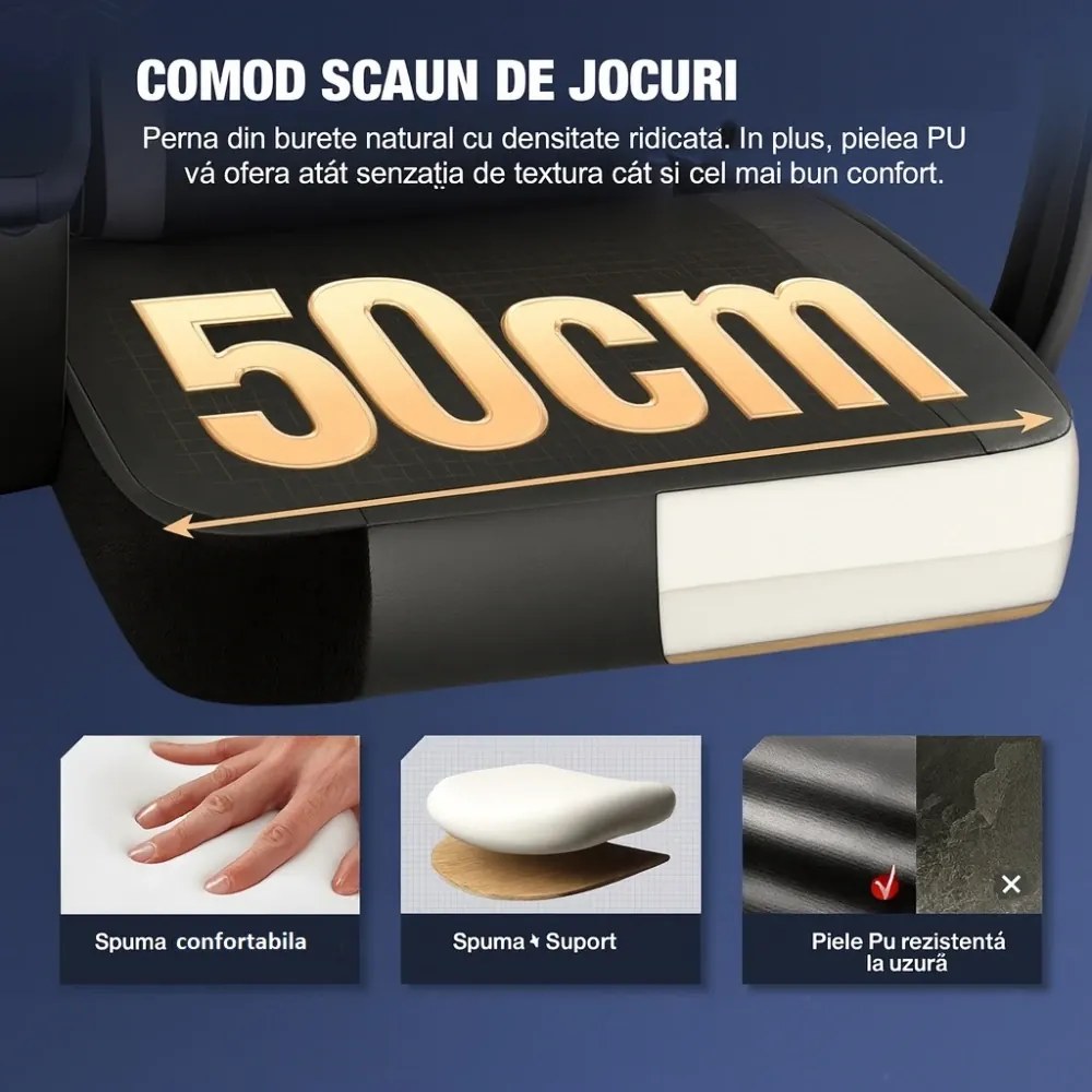 Scaun gaming, Masaj în perna lombară, Suport picioare, Rabatabil 90-165°, piele PU, Negru/Gri