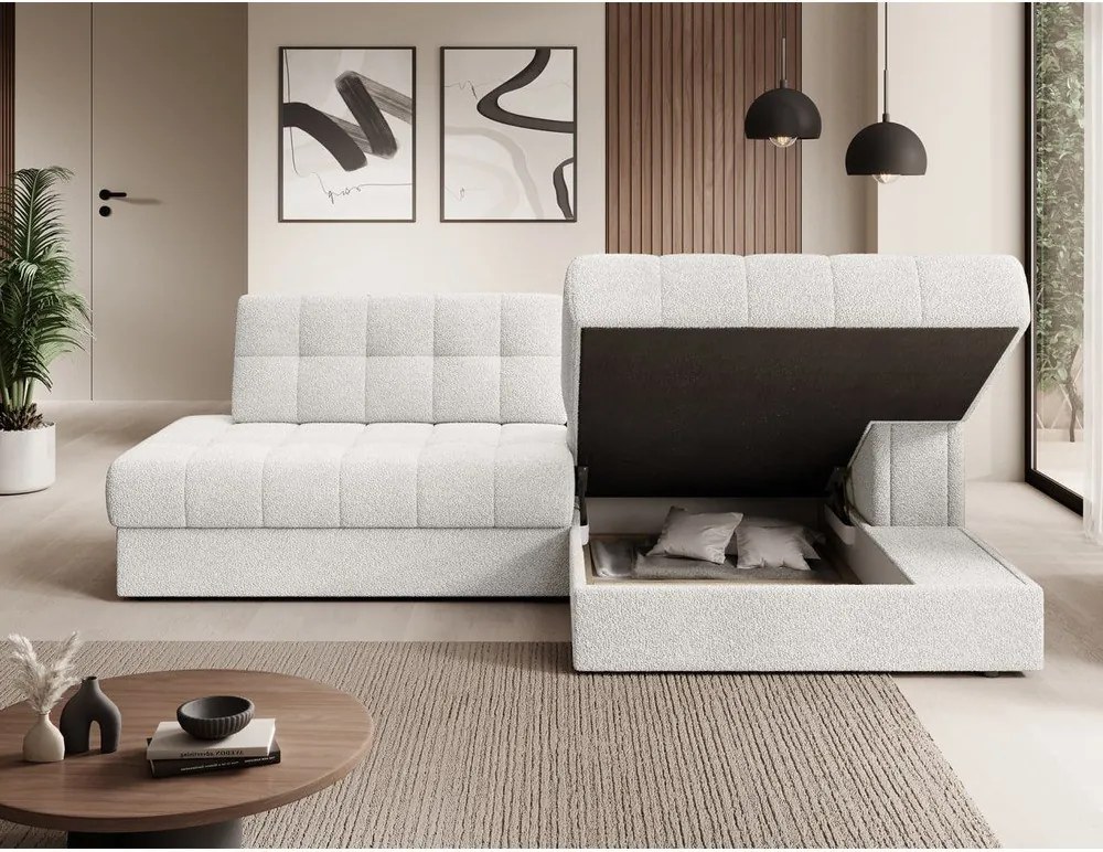 Colțar crem extensibil cu tapițerie din țesătură bouclé (cu colț pe partea dreaptă/cu șezlong) Blezalt – ELTAP