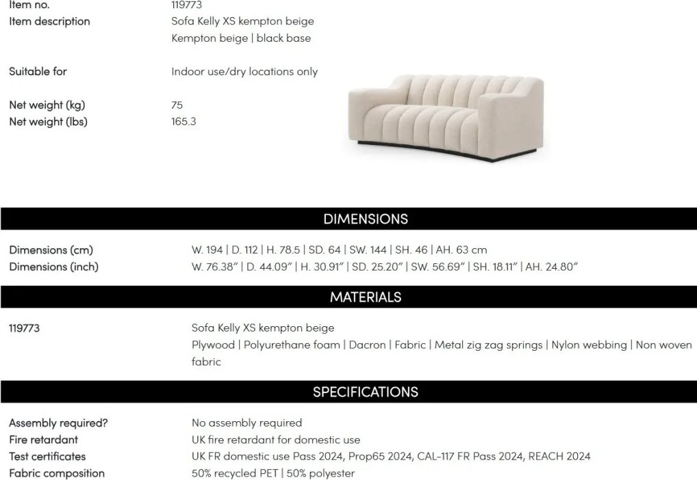 Canapea design LUX Kelly XS, Kempton beige