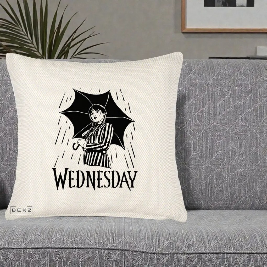 Perna Personalizata Wednesday cu Umbrela Ploaie Lineart, 40x40 cm, Crem Reliefat, Husa Detasabila, Perna Inclusa, BEKZ®