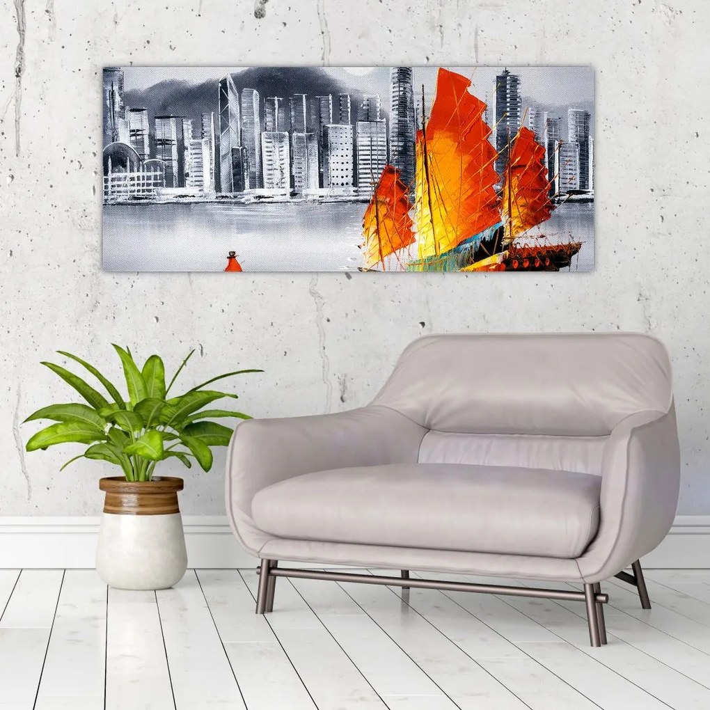 Tablou - Victoria Harbour, Hong Kong, pictură în ulei alb- negru (120x50 cm)