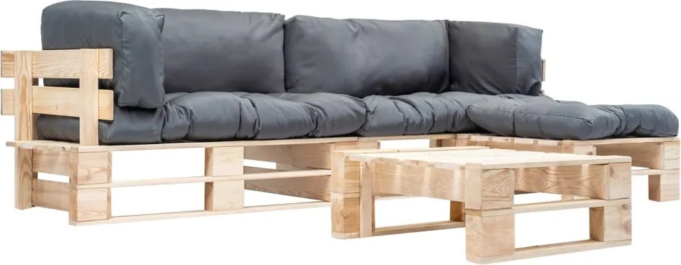 vidaXL Set mobilier de grădină paleți cu perne gri, 4 piese, lemn