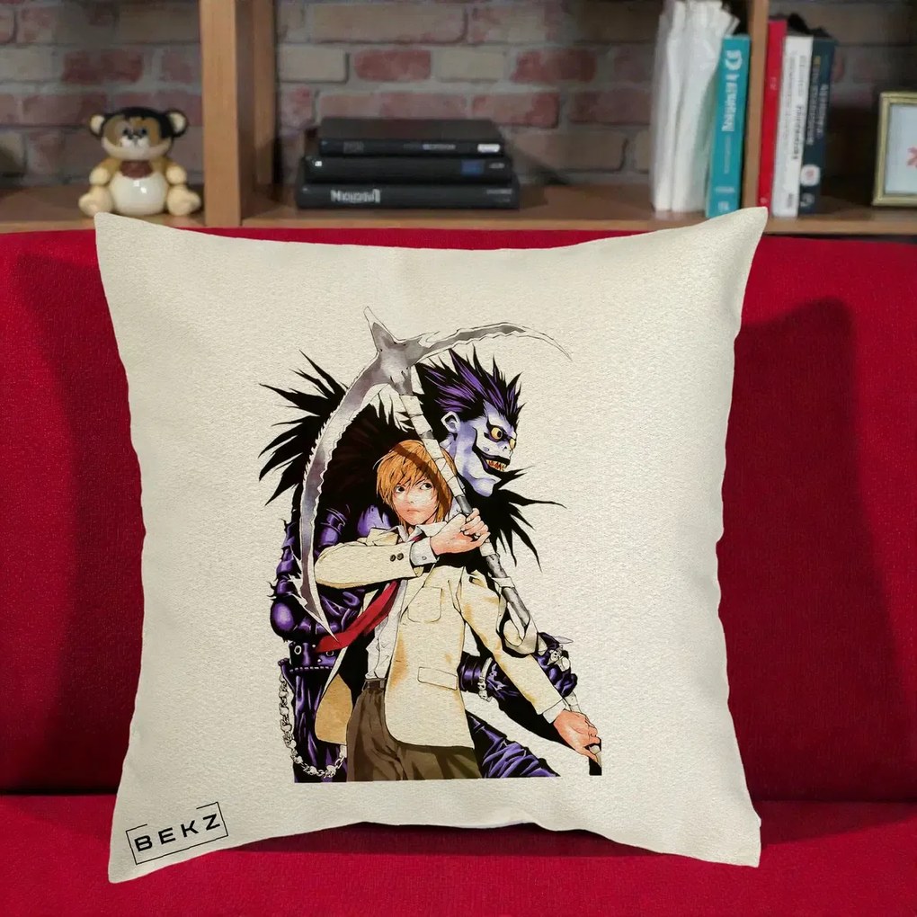 Perna Personalizata Death Note Light si Ryuk Duo, 40x40 cm, Ecru, Husa Detasabila, Perna Inclusa, BEKZ®