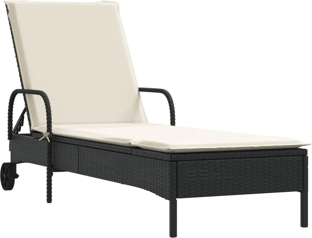 vidaXL Șezlong cu roți și pernă, negru, poliratan